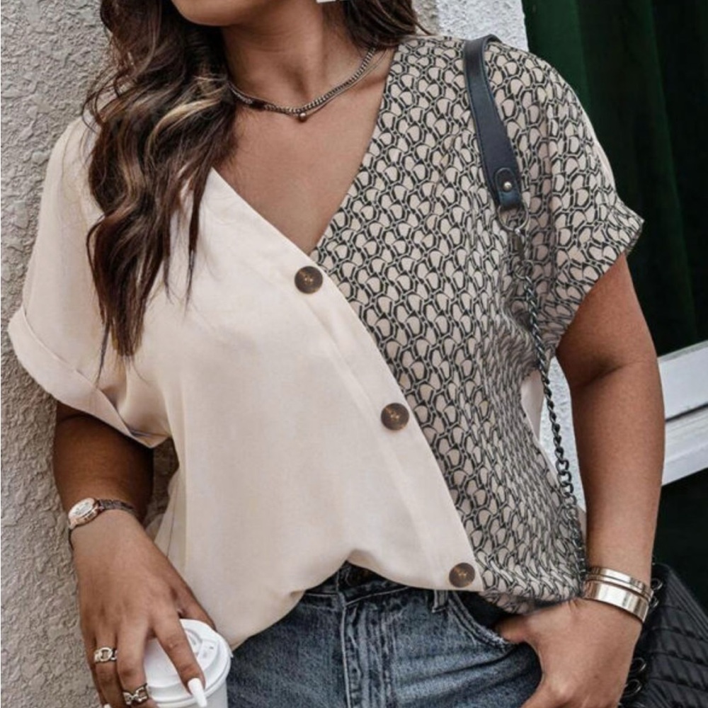 3 Pack Elegant V Neck Oatmeal and Geometric Print Short Sleeve Plus Size Blouse